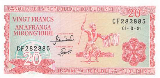 Burundi p27c 20 Francs 1991